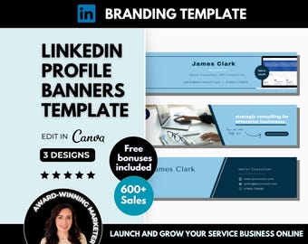 Può includere: Un modello di design grafico blu e bianco per banner di profilo LinkedIn. Il modello presenta il testo "LinkedIn Profile Banners Template" e "Edit in Canva". Include anche il testo "3 Designs", "Free Bonuses Included" e "600+ Sales".