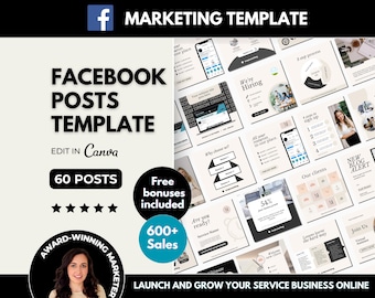 Op de afbeelding: Een digitale marketingtemplate voor Facebook-berichten. De template bevat 60 berichten met verschillende ontwerpen, waaronder tekstberichten, berichten met afbeeldingen en berichten met video's. De template is ontworpen om bedrijven te helpen hun online aanwezigheid te vergroten en nieuwe klanten te bereiken. De template is bewerkbaar in Canva.