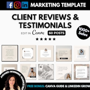60 Testimonial Post Designs bearbeitbare Canva-Vorlage, neutrale Kundenbewertungsposts für Social Media-marketing, Coaching-Kundenzitat-Bilder