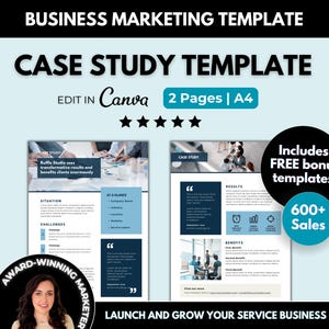 Op de afbeelding: Een blauwe en witte case study-sjabloon voor een servicebedrijf. De sjabloon bevat secties voor de situatie, uitdagingen, resultaten en voordelen. De tekst "Lanceer en groei uw servicebedrijf online" staat onderaan de sjabloon. De sjabloon is beschikbaar om te bewerken in Canva en bevat gratis bonus sjablonen. De sjabloon is meer dan 600 keer verkocht.