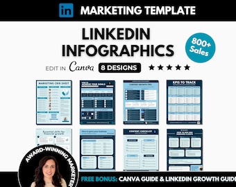 May include: A blue and white infographic template for LinkedIn with the text "LinkedIn Infographics" and "8 Designs". The template includes 8 different designs for marketing crib sheet, how to achieve your goals, content growth tips, KPIs to track, essential skills for financial growth, how to grow your business, content checklist, and how to win and engage clients.