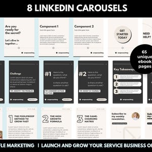 K&ouml;nnte beinhalten: Eine Collage aus acht LinkedIn-Karussellbildern, die f&uuml;r ein Online-Service-Unternehmen werben. Die Bilder zeigen Text und Grafiken mit Tipps zum strategischen Denken, zum Gesch&auml;ftswachstum und einem Call-to-Action, um einen w&ouml;chentlichen Newsletter zu abonnieren.