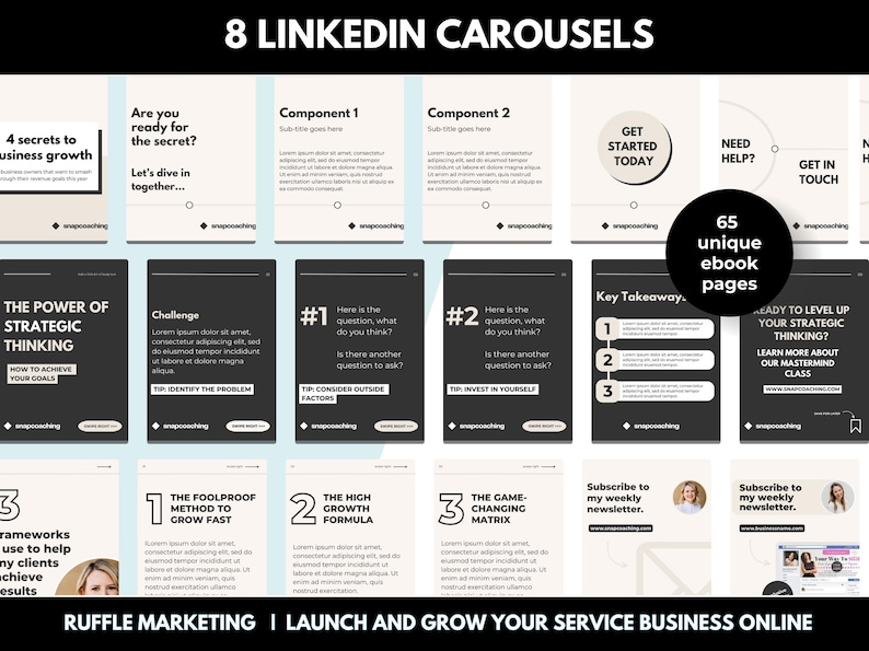 K&ouml;nnte beinhalten: Eine Collage aus acht LinkedIn-Karussellbildern, die f&uuml;r ein Online-Service-Unternehmen werben. Die Bilder zeigen Text und Grafiken mit Tipps zum strategischen Denken, zum Gesch&auml;ftswachstum und einem Call-to-Action, um einen w&ouml;chentlichen Newsletter zu abonnieren.