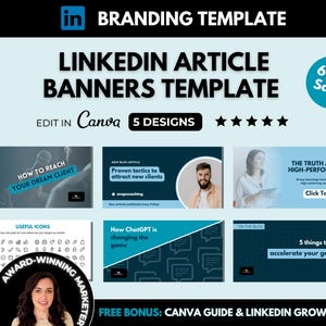 Modello Canva modificabile per intestazioni articolo LinkedIn, foto di copertina articolo LinkedIn blu, branding post blog LinkedIn per marketing di contenuti esperti
