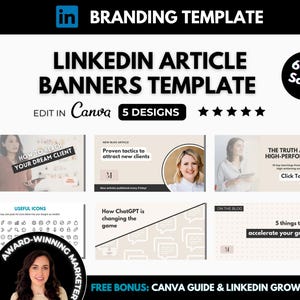 May include: A digital marketing template for LinkedIn article banners. The template features five different designs with a variety of colors and fonts. The text on the banners includes "How to Reach Your Dream Client", "Proven Tactics to Attract New Clients", "How ChatGPT is Changing the Game", "The Truth About High-Performers", and "5 Things to Do to Accelerate Your Growth".