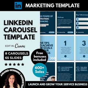 8 LinkedIn Carousels Editable Canva Template, Blue LinkedIn Ebook PDF, Personal Brand LinkedIn Content Marketing,Social Media Carousel Posts