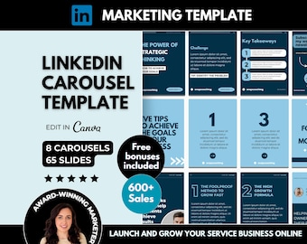 8 LinkedIn Carousels Editable Canva Template, Blue LinkedIn Ebook PDF, Personal Brand LinkedIn Content Marketing,Social Media Carousel Posts