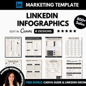Op de afbeelding: Een digitale marketingtemplate voor LinkedIn-infographics met 8 ontwerpen. De ontwerpen omvatten een marketing-spiekbrief, hoe je je bedrijf kunt laten groeien, contentgroeihacks, KPI's om bij te houden, een contentchecklist, hoe je klanten kunt winnen en onboarden, hoe je je doelen kunt bereiken en essentiële vaardigheden voor financiële groei. De template is bewerkbaar in Canva en bevat een gratis bonus: een Canva-gids en een LinkedIn-groeiguide.