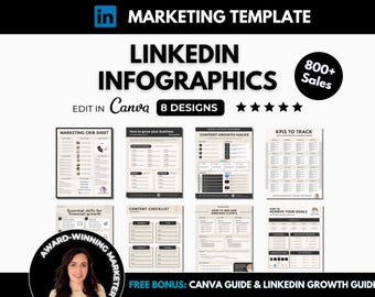Puede incluir: Una plantilla de marketing digital para infografías de LinkedIn con 8 diseños. Los diseños incluyen una hoja de referencia de marketing, cómo hacer crecer tu negocio, trucos de crecimiento de contenido, KPI para hacer un seguimiento, una lista de verificación de contenido, cómo ganar y integrar clientes, cómo alcanzar tus objetivos y habilidades esenciales para el crecimiento financiero. La plantilla es editable en Canva e incluye una bonificación gratuita: una guía de Canva y una guía de crecimiento de LinkedIn.