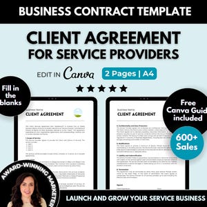 Client Agreement Editable Canva Template for Service Business, Client Contract Agreement Template PDF, 2 Page Business Legal Agreement Canva
