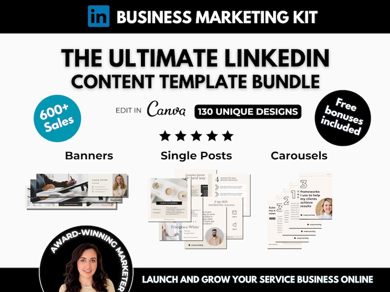 LinkedIn content templates, LinkedIn banner, LinkedIn carousels, LinkedIn ebooks, business LinkedIn professional bundle