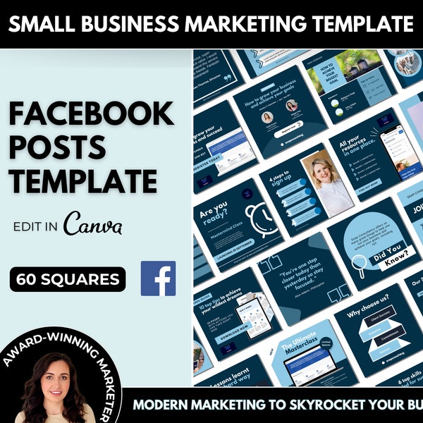 60 Facebook Posts Business Template, FB Group Engagement Content Blue, Branded Social Media Canva Marketing Template for Services Promotion