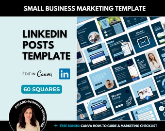 60 LinkedIn Post Business Templates Editable in Canva, Blue LinkedIn Content Carousel Templates, Small Business Social Media Marketing