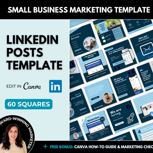 60 LinkedIn Post Business Templates Editable in Canva, Blue LinkedIn Content Carousel Templates, Small Business Social Media Marketing