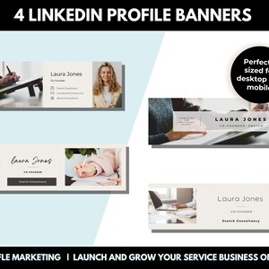 K&ouml;nnte beinhalten: Vier LinkedIn-Profilbanner-Vorlagen mit wei&szlig;em Hintergrund und hellblauem Rand. Die Banner zeigen den Namen einer Frau, ihre Berufsbezeichnung und den Firmennamen. Die Banner enthalten auch Bilder einer Frau, die an einem Laptop arbeitet, einer Frau, die in ein Notizbuch schreibt, und einer Frau, die an einem Tablet arbeitet.
