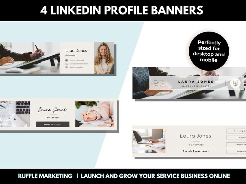 K&ouml;nnte beinhalten: Vier LinkedIn-Profilbanner-Vorlagen mit wei&szlig;em Hintergrund und hellblauem Rand. Die Banner zeigen den Namen einer Frau, ihre Berufsbezeichnung und den Firmennamen. Die Banner enthalten auch Bilder einer Frau, die an einem Laptop arbeitet, einer Frau, die in ein Notizbuch schreibt, und einer Frau, die an einem Tablet arbeitet.