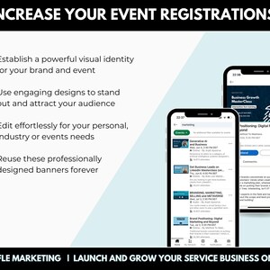May include: A screenshot of a phone displaying a marketing app with a list of events. The app is called "Marketing" and the events are titled "Generative AI and Business", "Get Business Leads on LinkedIn", "Branding, Marketing, Selling and Metaverse", and "Brand Positioning Digital Marketing and Beyond". The phone is on a white background with the text "Increase Your Event Registrations" and a list of four checkmarks with text describing how to increase event registrations.