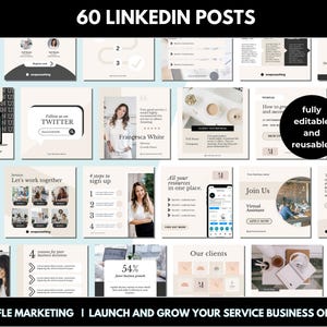 K&ouml;nnte beinhalten: Eine Sammlung von 60 anpassbaren Social-Media-Post-Vorlagen f&uuml;r LinkedIn. Die Vorlagen bieten eine Vielzahl von Designs mit hellblauem Hintergrund und beigefarbenen Akzenten. Der Text "60 LINKEDIN POSTS" wird in einem schwarzen Kasten oben im Bild angezeigt. Der Text "vollst&auml;ndig editierbar und wiederverwendbar" wird in einem schwarzen Kreis in der oberen rechten Ecke des Bildes angezeigt.