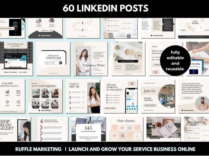 K&ouml;nnte beinhalten: Eine Sammlung von 60 anpassbaren Social-Media-Post-Vorlagen f&uuml;r LinkedIn. Die Vorlagen bieten eine Vielzahl von Designs mit hellblauem Hintergrund und beigefarbenen Akzenten. Der Text "60 LINKEDIN POSTS" wird in einem schwarzen Kasten oben im Bild angezeigt. Der Text "vollst&auml;ndig editierbar und wiederverwendbar" wird in einem schwarzen Kreis in der oberen rechten Ecke des Bildes angezeigt.