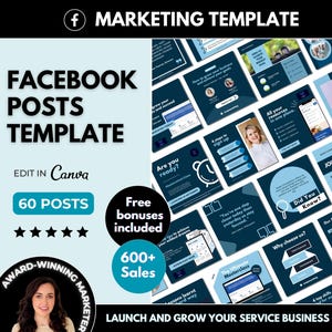 Modèle d&#39;entreprise Canva pour 60 publications Facebook, publications de contenu d&#39;engagement FB bleu, modèle de marketing Canva sur les réseaux sociaux pour les entreprises de services