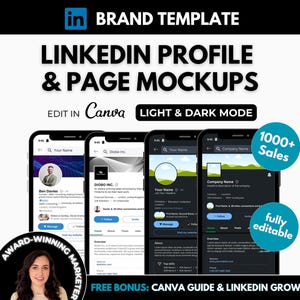 May include: A digital marketing brand template for LinkedIn profiles and pages. The template is available in light and dark mode and is fully editable. The image shows four mockups of the template, with a text overlay that says "1000+ Sales" and "fully editable".
