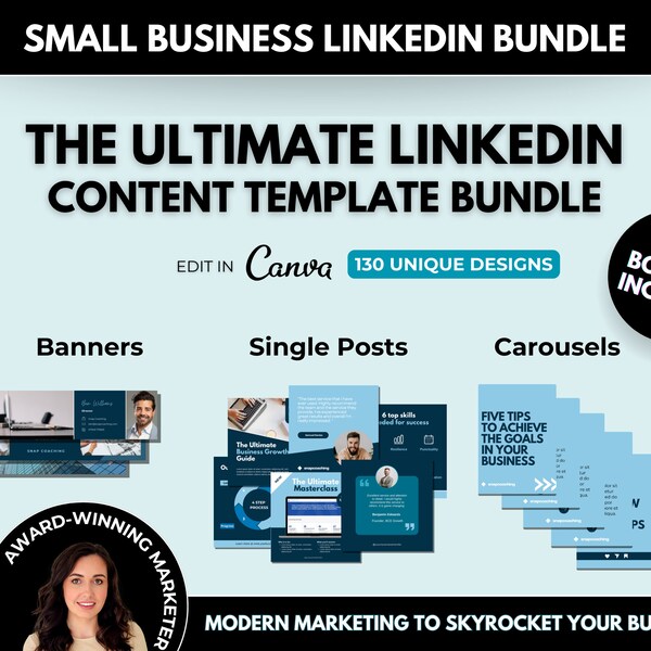 130 Editable LinkedIn Content Templates Canva, Ultimate Business Content Pack, Blue Professional LinkedIn Profile Banners, Ebooks and Posts