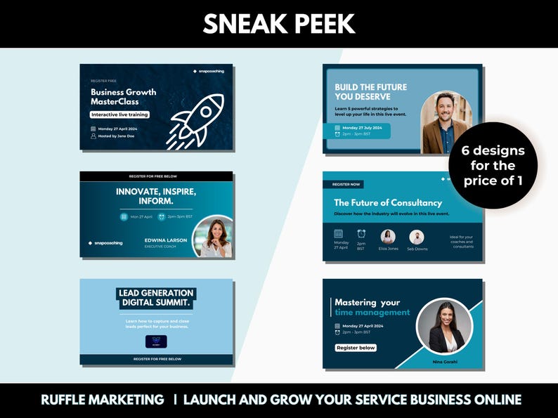 May include: Six different designs for online business workshops. The designs feature blue and white color schemes with a variety of text and images. The text includes titles such as "Business Growth MasterClass", "Innovate, Inspire, Inform", "The Future of Consultancy", "Lead Generation Digital Summit", and "Mastering Your Time Management".