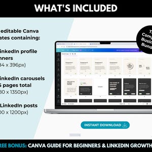 K&ouml;nnte beinhalten: Ein Laptop-Bildschirm zeigt eine Canva-Designvorlage mit dem Text "The Complete Business Bundle". Die Vorlage enth&auml;lt eine Vielzahl von Social-Media-Grafiken, darunter Profilbanner, Karussells und Beitr&auml;ge. Der Text "WHAT'S INCLUDED" wird &uuml;ber dem Laptop-Bildschirm angezeigt. Der Text "INSTANT DOWNLOAD" wird unter dem Laptop-Bildschirm angezeigt. Der Text "+ FREE BONUS: CANVA GUIDE FOR BEGINNERS & LINKEDIN GROWTH GUIDE" wird am unteren Rand des Bildes angezeigt.