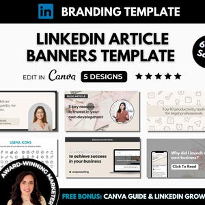 Op de afbeelding: Een set van vijf aanpasbare LinkedIn-artikelbannertemplates voor Canva. De sjablonen bevatten een verscheidenheid aan ontwerpen, waaronder een blogartikelbanner met een roze achtergrond en een vrouwengezicht in een cirkel, een banner met een witte achtergrond en verschillende pictogrammen, en een banner met een witte achtergrond en de tekst "Waarom heb ik mijn eigen bedrijf gestart? Klik om te lezen."