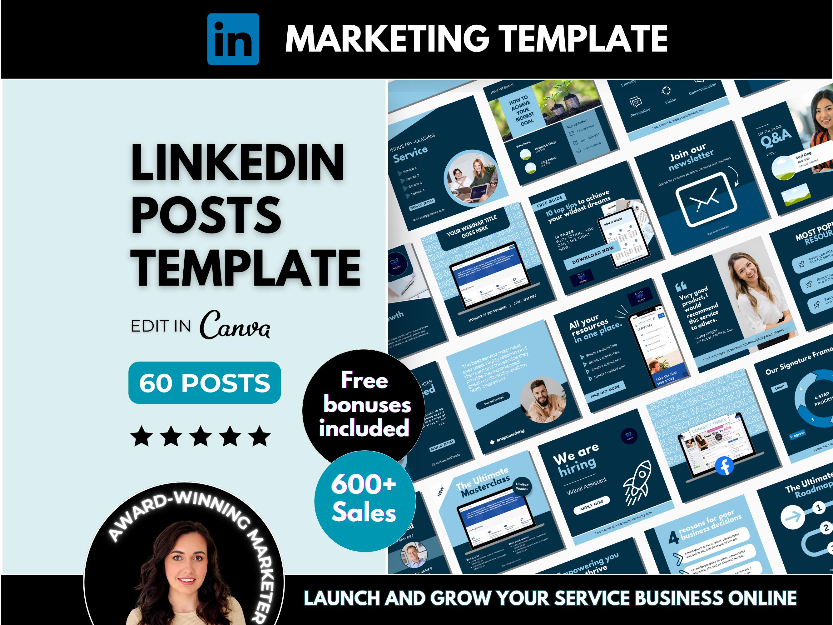 60 LinkedIn Post Business Templates Editable in Canva, Blue LinkedIn Content Carousel Templates, Small Business Social Media Marketing Posts