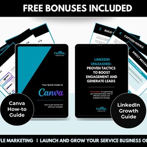 K&ouml;nnte beinhalten: Ein digitaler Marketing-Leitfaden f&uuml;r Dienstleistungsunternehmen mit einem blauen und schwarzen Cover mit dem Text "LinkedIn Unleashed: Proven Tactics to Boost Engagement and Generate Leads". Der Leitfaden enth&auml;lt Bonusressourcen zu Canva und LinkedIn-Wachstum.
