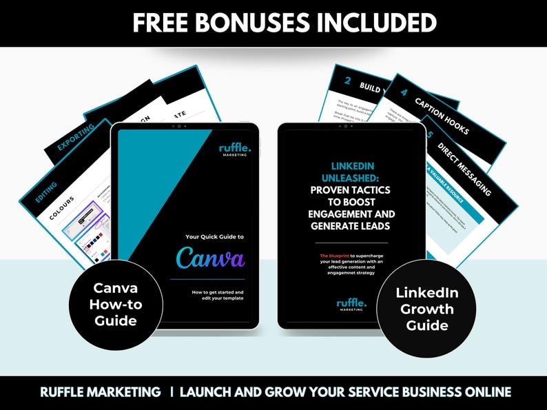 K&ouml;nnte beinhalten: Ein digitaler Marketing-Leitfaden f&uuml;r Dienstleistungsunternehmen mit einem blauen und schwarzen Cover mit dem Text "LinkedIn Unleashed: Proven Tactics to Boost Engagement and Generate Leads". Der Leitfaden enth&auml;lt Bonusressourcen zu Canva und LinkedIn-Wachstum.
