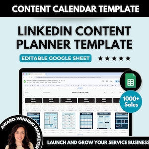 Puede incluir: Una pantalla de ordenador que muestra una plantilla de hoja de cálculo de Google para un planificador de contenido de LinkedIn. La plantilla se titula "MASTER LinkedIn Content Planner |  Ruffle Marketing". La hoja incluye columnas para la fecha, el día de la semana, el tipo de contenido y la idea de contenido. La pantalla también muestra una sección "Weekly Content View" con un diseño de calendario. El texto "1000+ Sales" se muestra en un cuadro verde. El texto "LAUNCH AND GROW YOUR SERVICE BUSINESS ONLINE" se muestra en la parte inferior de la pantalla. El texto "CONTENT CALENDAR TEMPLATE" se muestra en la parte superior de la pantalla. El texto "LINKEDIN CONTENT PLANNER TEMPLATE" se muestra debajo de la primera línea de texto. El texto "EDITABLE GOOGLE SHEET" se muestra debajo de la segunda línea de texto. Cinco estrellas se muestran a la derecha del texto "EDITABLE GOOGLE SHEET".