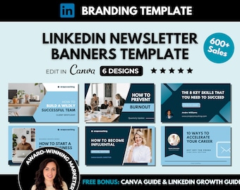 Può includere: Un modello di banner per newsletter LinkedIn in blu e bianco. Il modello include sei design diversi con testi come "Come costruire un team incredibilmente di successo", "Come prevenire l'esaurimento", "Le 8 competenze chiave di cui hai bisogno per avere successo", "Come avviare un'attività", "Come diventare influenti" e "10 modi per accelerare la tua carriera".