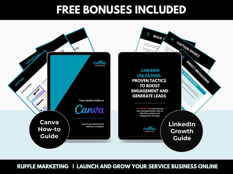 May include: A digital marketing guide with the title "LinkedIn Unleashed: Proven Tactics to Boost Engagement and Generate Leads" and a smaller guide titled "Your Quick Guide to Canva". Both guides feature the logo of "Ruffle Marketing".