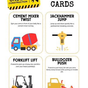 May include: A colorful educational poster titled "Movement Cards" with illustrations of construction vehicles and related exercises. Includes a cement mixer, jackhammer, forklift, and bulldozer, with instructions for each movement.