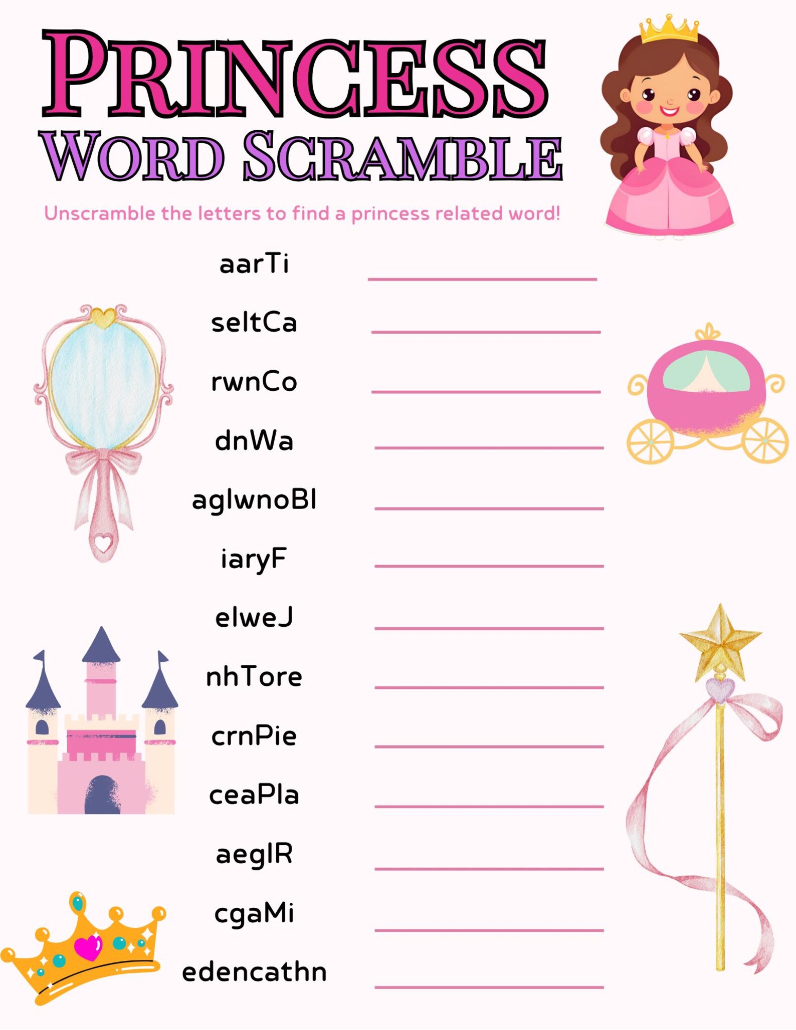 Printable Princess Word Scramble Puzzle With Answer Key - Etsy