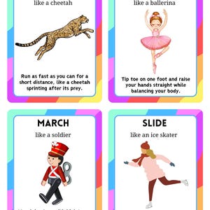 May include: Four colorful flashcards with exercise instructions. The cards feature illustrations of a cheetah, ballerina, toy soldier, and ice skater. Each card has a title and a brief description of the exercise.