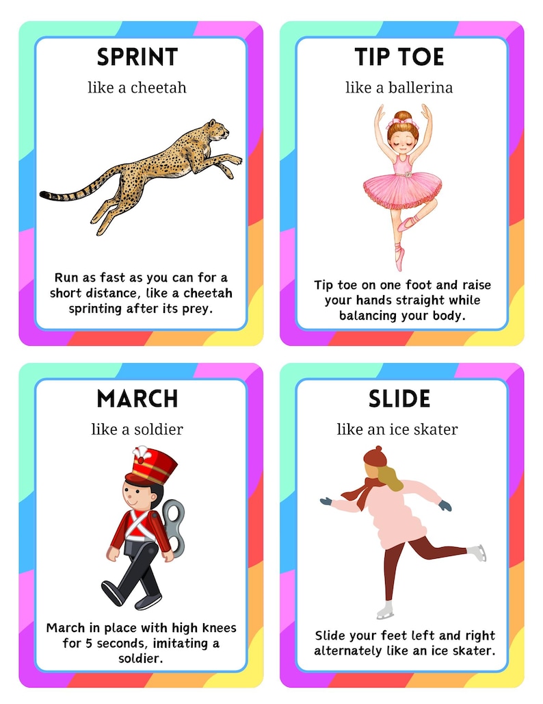 May include: Four colorful flashcards with exercise instructions. The cards feature illustrations of a cheetah, ballerina, toy soldier, and ice skater. Each card has a title and a brief description of the exercise.