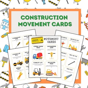 May include: A set of colorful construction-themed movement cards. Each card features a different construction vehicle or tool, such as a cement mixer, jackhammer, or screwdriver, with instructions for related movements. The cards are designed for children.