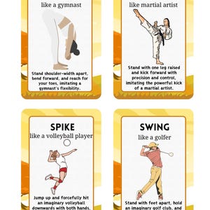 Puede incluir: Cuatro tarjetas ilustradas con instrucciones de fitness. Las tarjetas presentan las palabras "BEND", "KICK", "SPIKE" y "SWING", cada una acompa&ntilde;ada de una descripci&oacute;n y una ilustraci&oacute;n de una persona realizando la acci&oacute;n.