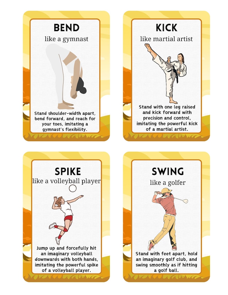 Puede incluir: Cuatro tarjetas ilustradas con instrucciones de fitness. Las tarjetas presentan las palabras "BEND", "KICK", "SPIKE" y "SWING", cada una acompa&ntilde;ada de una descripci&oacute;n y una ilustraci&oacute;n de una persona realizando la acci&oacute;n.