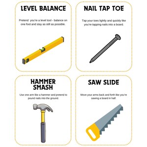 May include: Four illustrated cards with text and images. The cards show a level, nail, hammer, and saw. The text includes "Level Balance", "Nail Tap Toe", "Hammer Smash", and "Saw Slide".