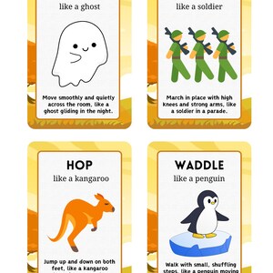 Puede incluir: Cuatro tarjetas ilustradas con las palabras "GLIDE", "MARCH", "HOP" y "WADDLE". Cada tarjeta presenta un animal o personaje diferente con una descripci&oacute;n de acci&oacute;n correspondiente. Las tarjetas tienen un borde amarillo y est&aacute;n sobre un fondo amarillo.