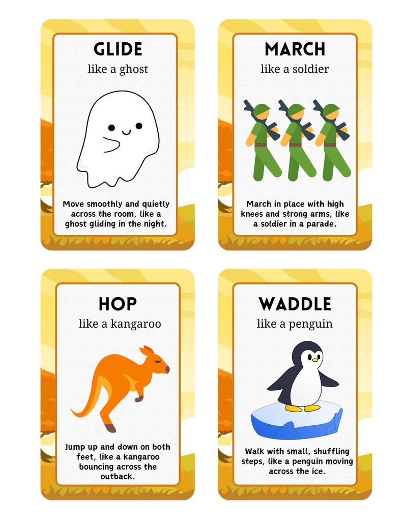 Puede incluir: Cuatro tarjetas ilustradas con las palabras "GLIDE", "MARCH", "HOP" y "WADDLE". Cada tarjeta presenta un animal o personaje diferente con una descripci&oacute;n de acci&oacute;n correspondiente. Las tarjetas tienen un borde amarillo y est&aacute;n sobre un fondo amarillo.