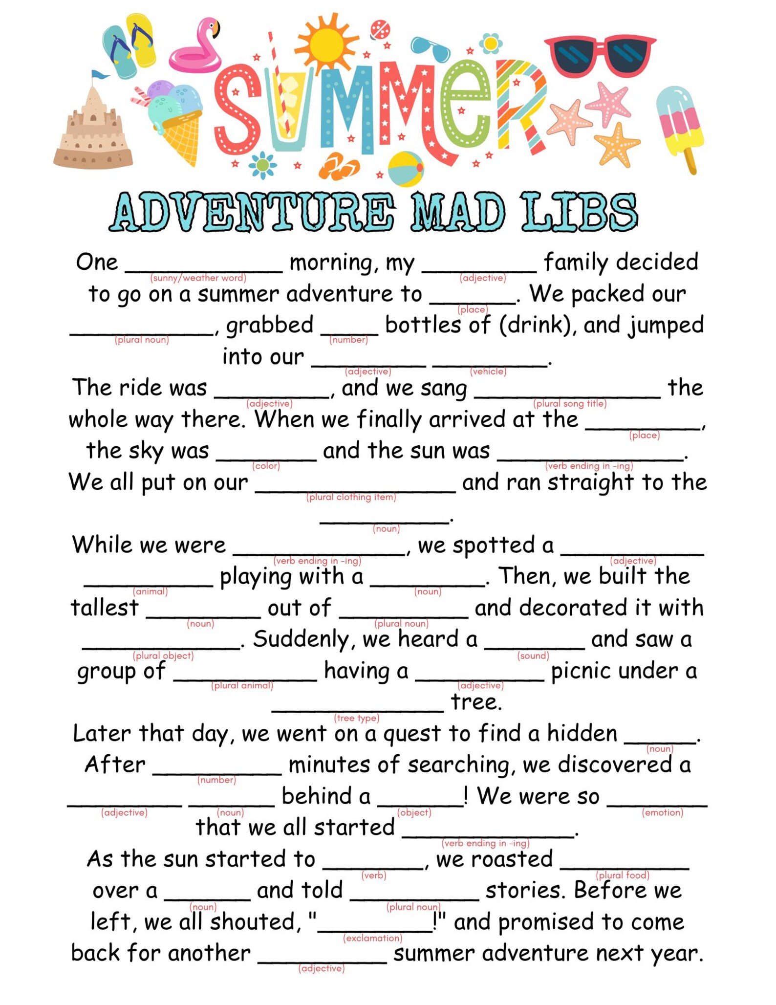 Printable Summer Mad Libs Game - Etsy