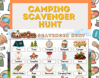 May include: A colorful camping scavenger hunt game with illustrations of camping equipment, animals, and nature. The game includes items like a tent, trees, compass, backpack, camper, lantern, campfire, grill, thermos, ants, match sticks, rope, hammock, camping chair, bird, caterpillar, camping hat, flashlight, squirrel, and mug.