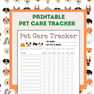 Può includere: Un tracker stampabile per la cura degli animali domestici con il testo "Printable Pet Care Tracker" in verde. Il tracker include spazi per scrivere un nome, il nome dell'animale e le attività, con caselle di controllo per ogni giorno della settimana. Il design presenta illustrazioni di cani.