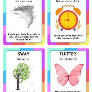 May include: Four colorful flashcards with the words TWIST, VIBRATE, SWAY, and FLUTTER. Each card has an illustration and a description of the word. The cards have a white background with a colorful border.
