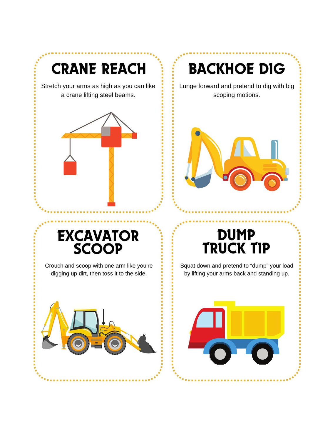 Printable Construction Themed Movement Cards - 20 Physical Activities ...